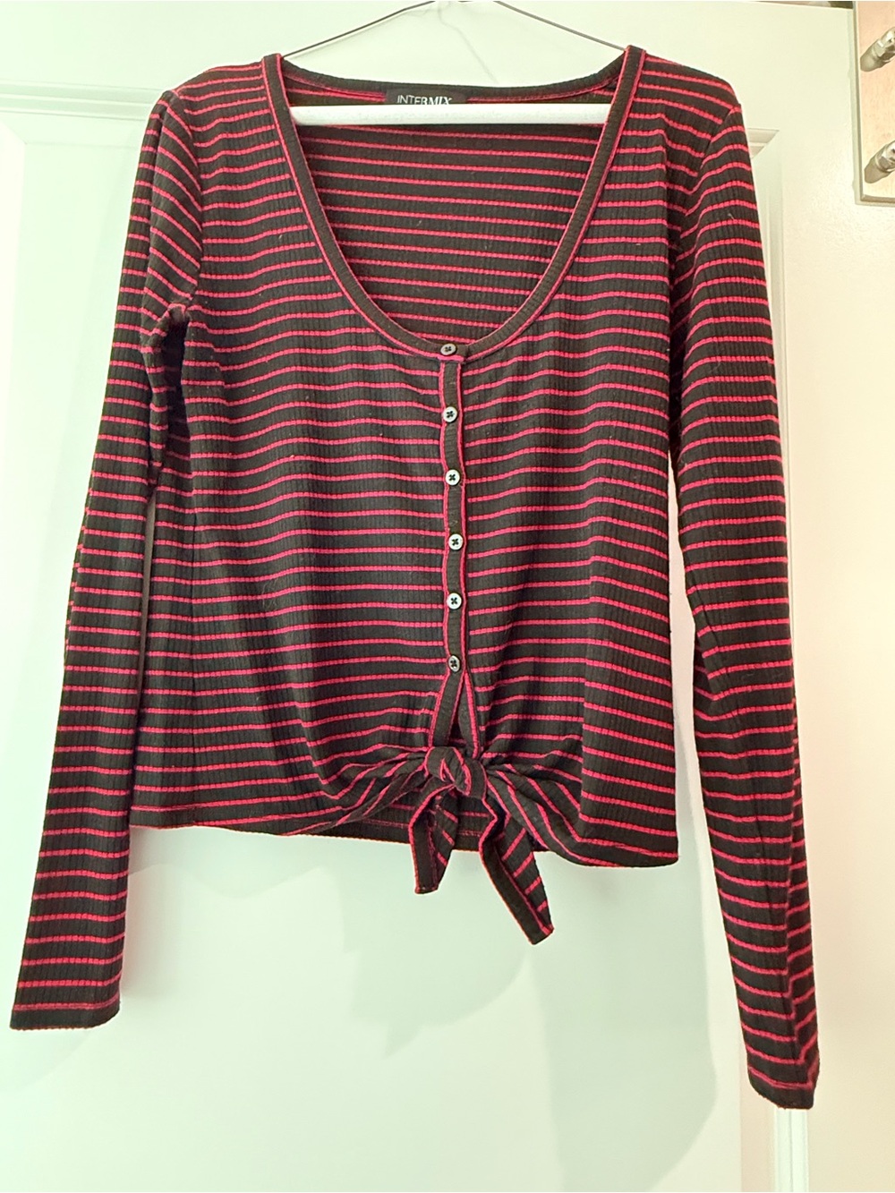 INTERMIX Black & Red Striped Tie-Front Long Sleeve Tee